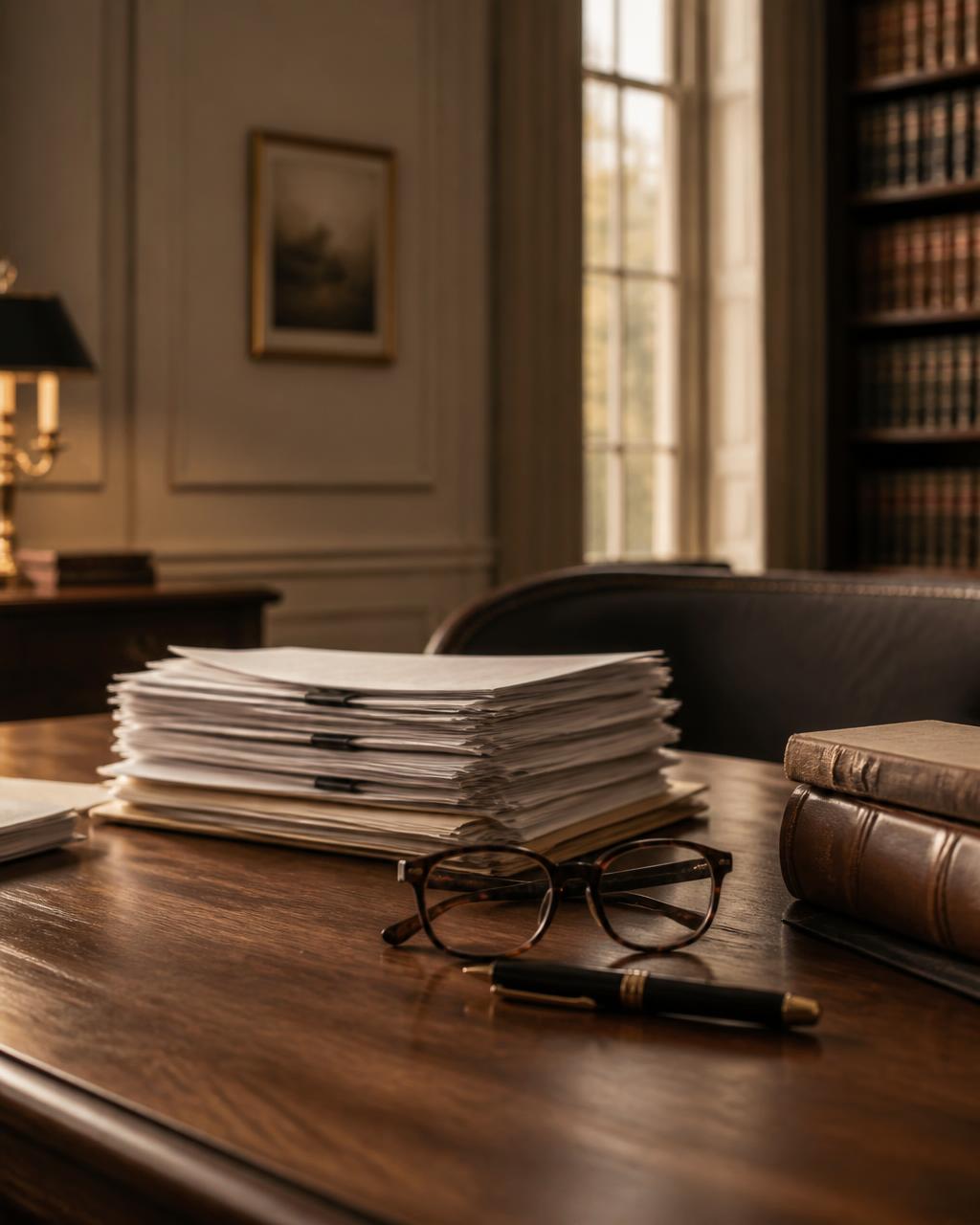 Porte-documents en cuir sur un bureau minimaliste dans une lumière douce